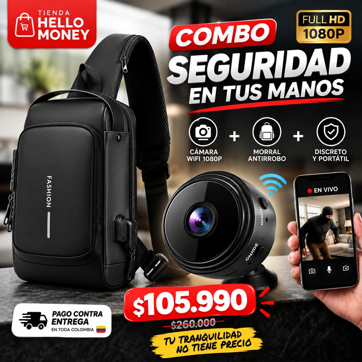 COMBO MOCHILA ANTIRROBO + MINI CAMARA WIFI - PRO IN