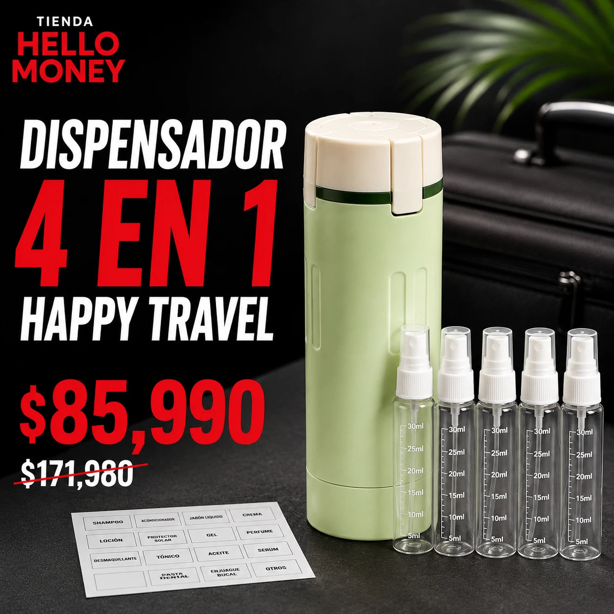 DISPENSADOR DE VIAJE 4 EN 1 HAPPY TRAVEL